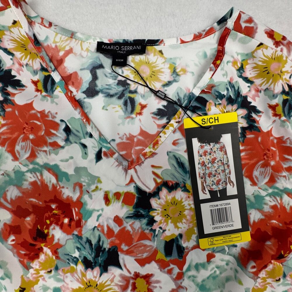 Mario Serrani Women Top Sz S NWT Green Floral V-Neck Top 3/4 Sleeves - Picture 7 of 8